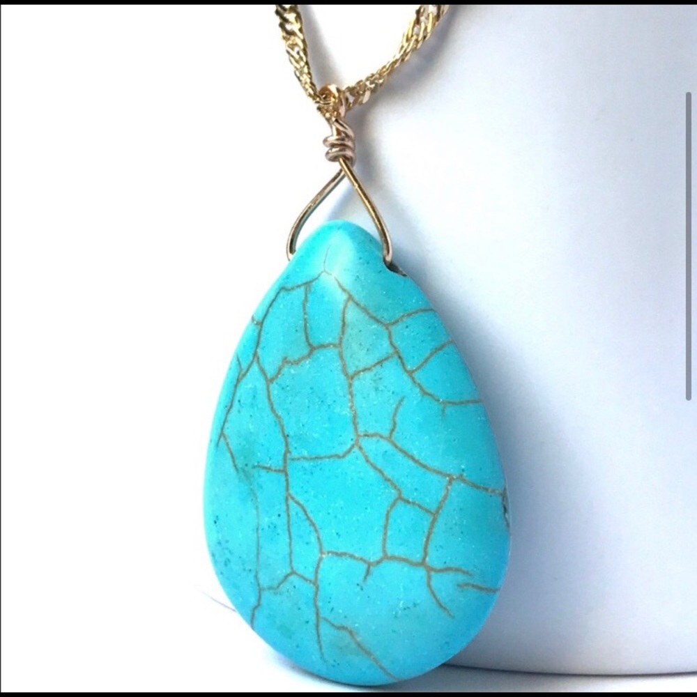Turquoise simulated stone long women’s boho summer fall necklace - Picture 3 of 5